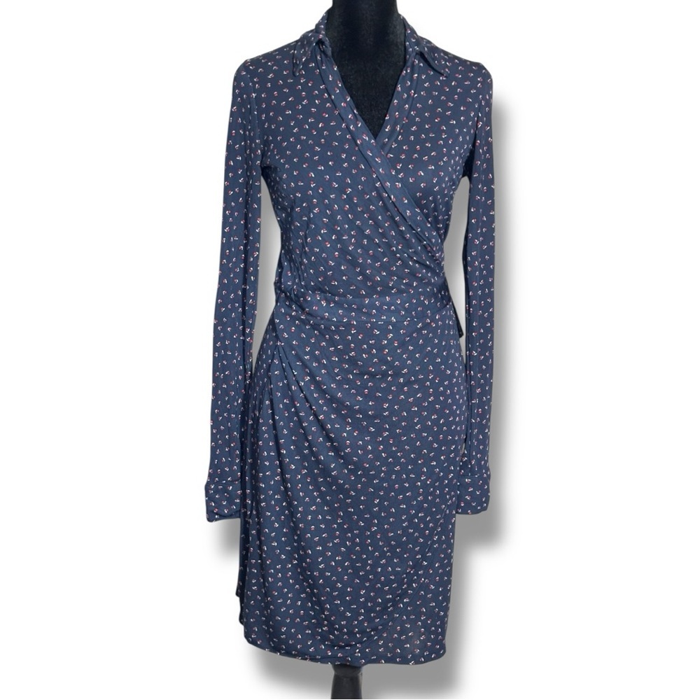 The Limited Navy Long Sleeve Printed Mini Wrap Dress With Collar